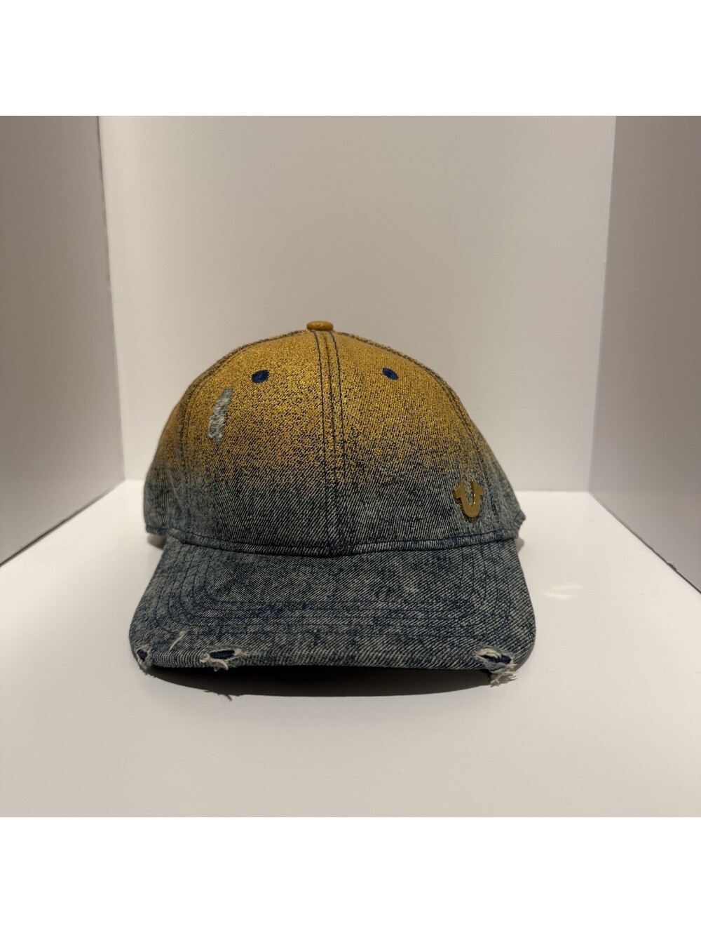True Religion Metallic Denim Baseball Cap Gold Blue Fade Adjustable Men's